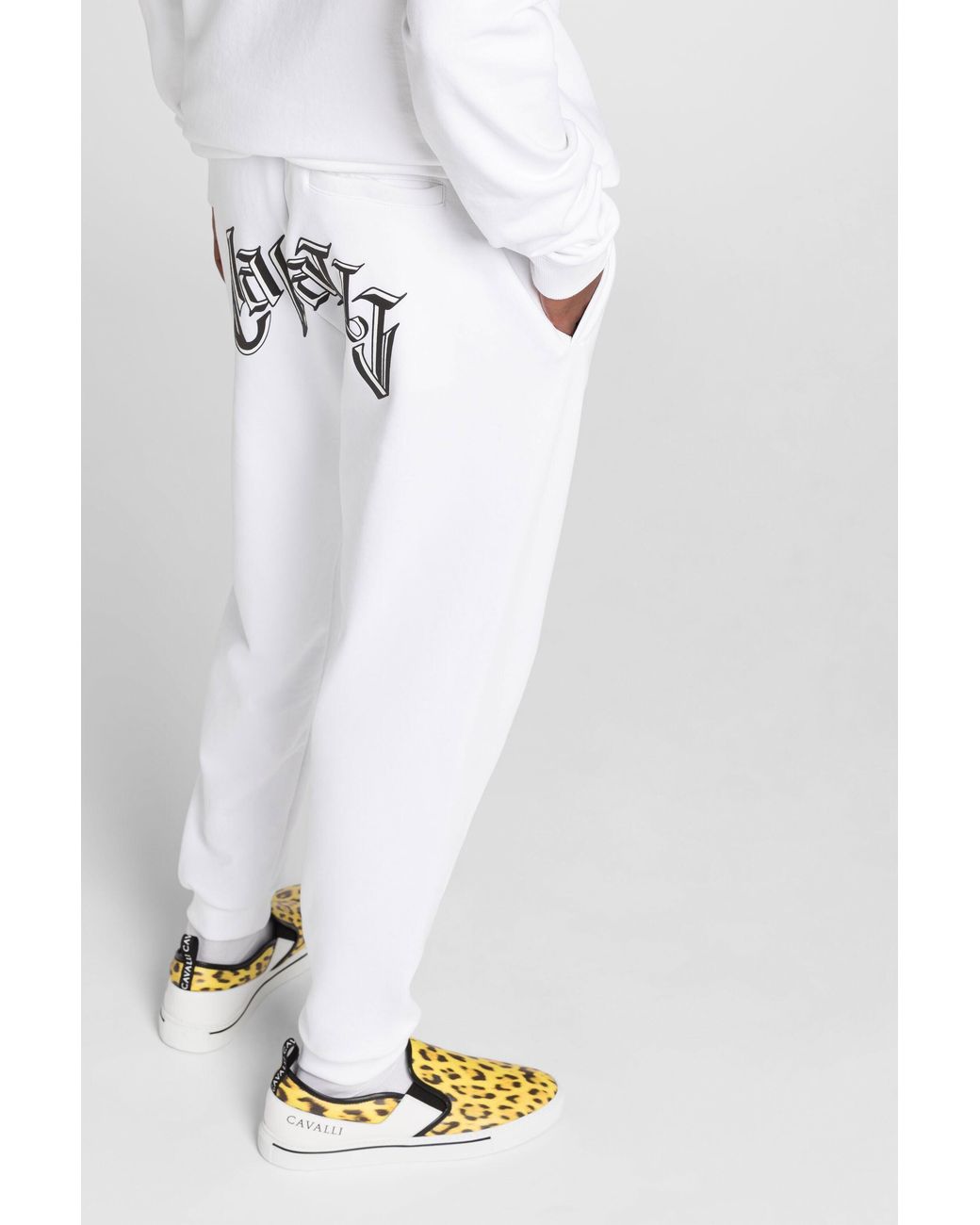 Roberto Cavalli White Logo-Print Cotton Sweatpants for men