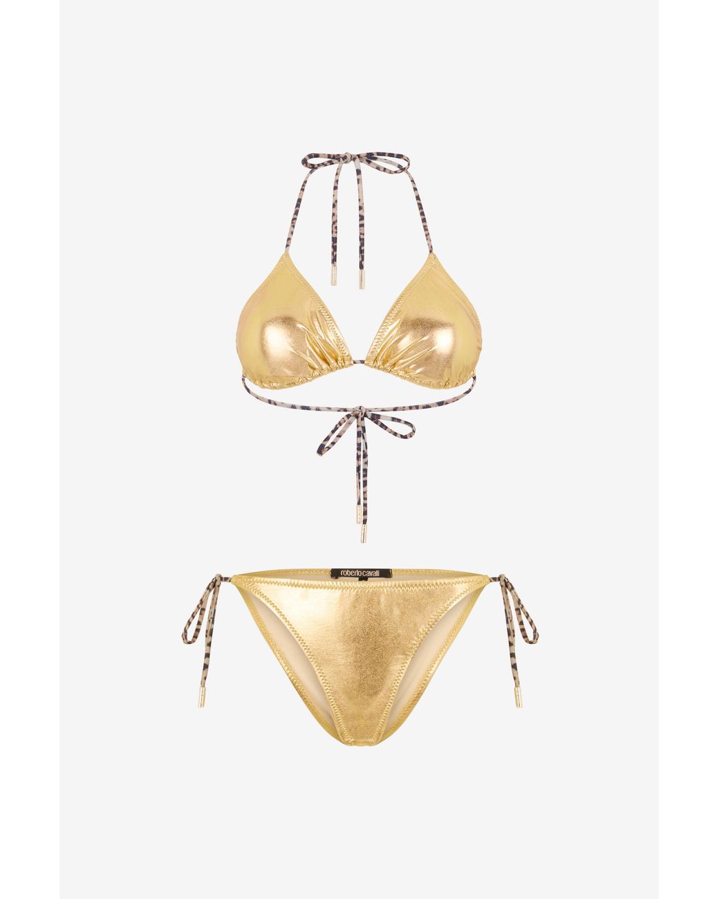 Roberto Cavalli Metallic Laminated Bikini With Leopard Print Ties
