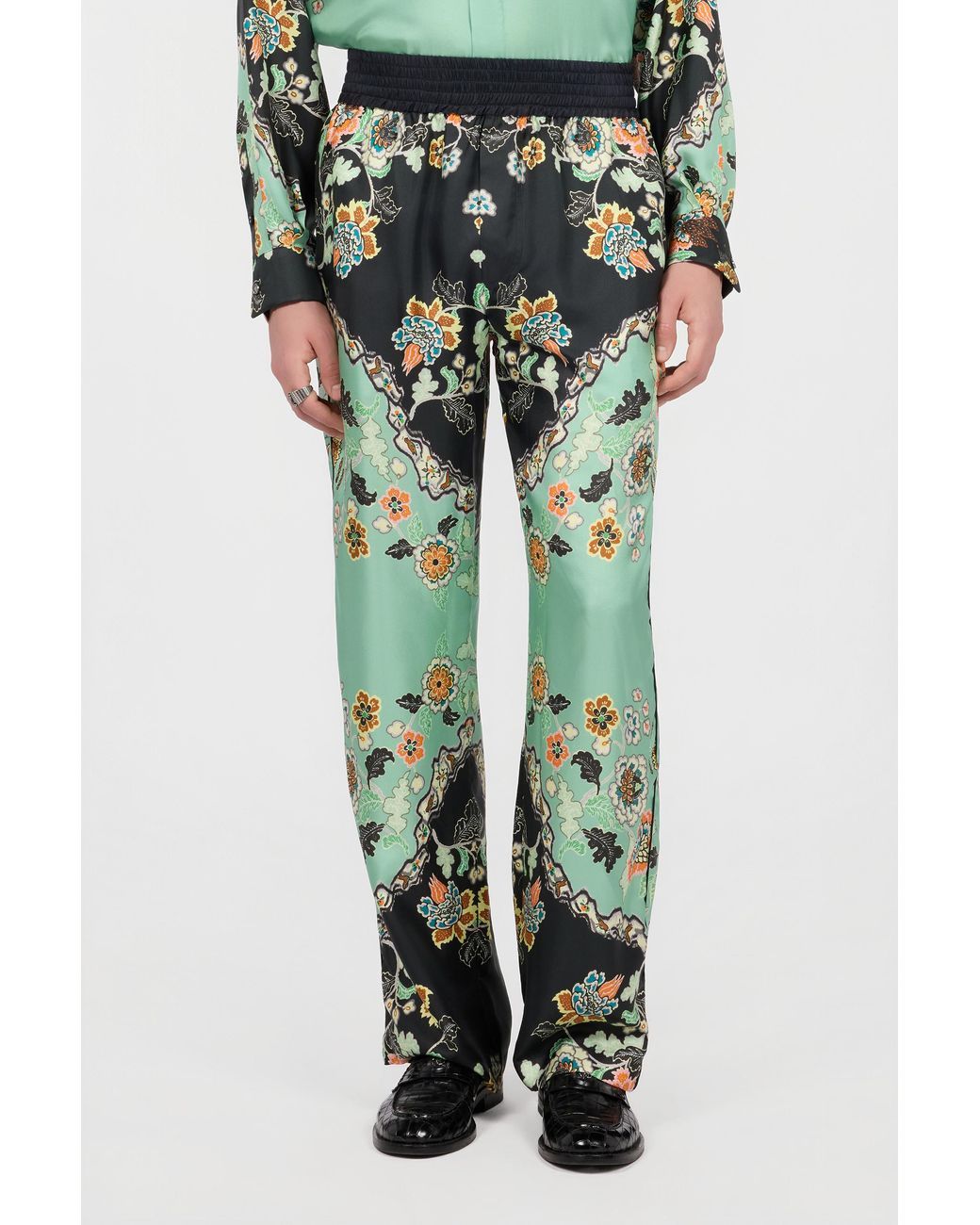 Roberto Cavalli Green Kimono Print Trousers for men