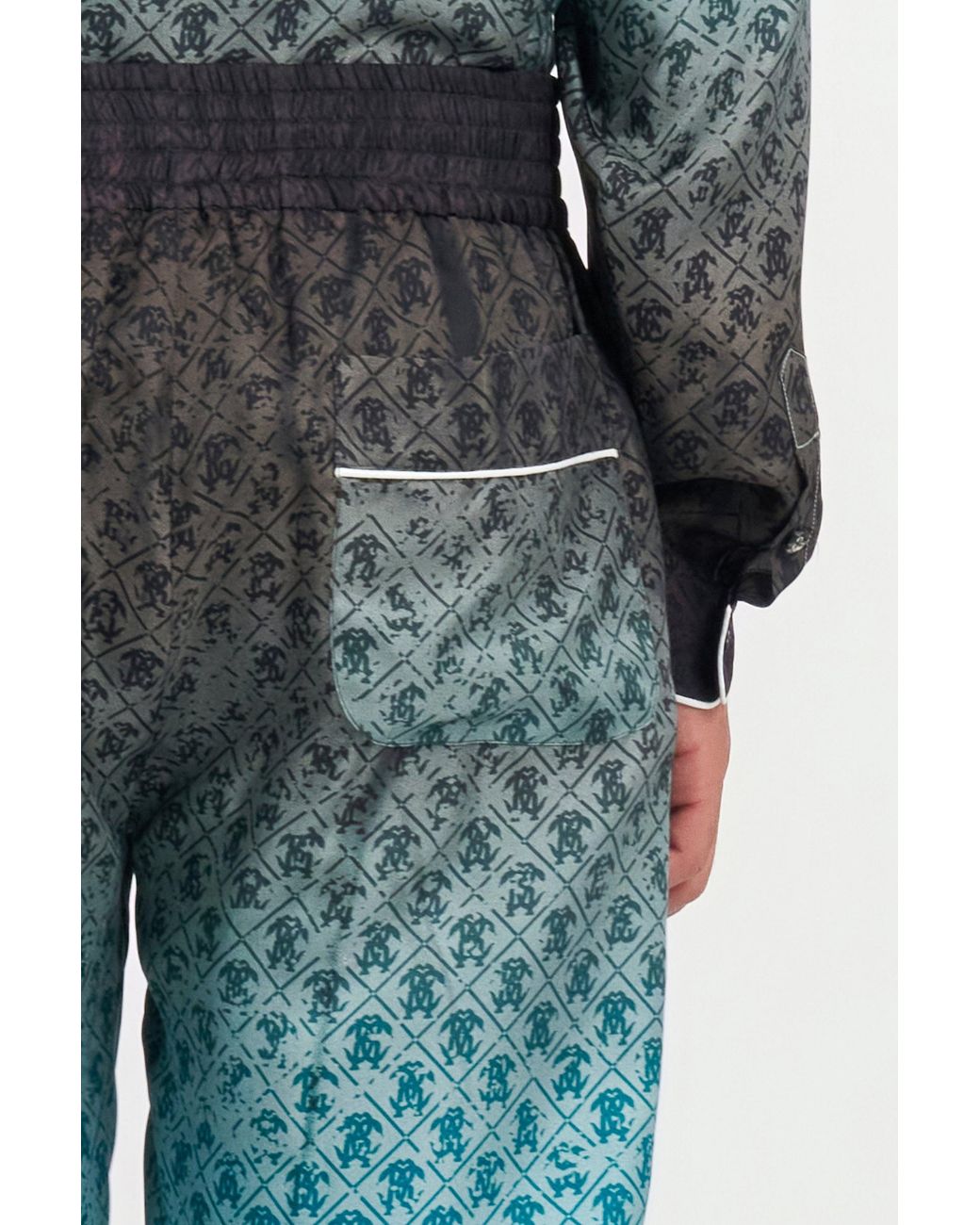 Roberto Cavalli Green Monogram Print Silk Trousers for men