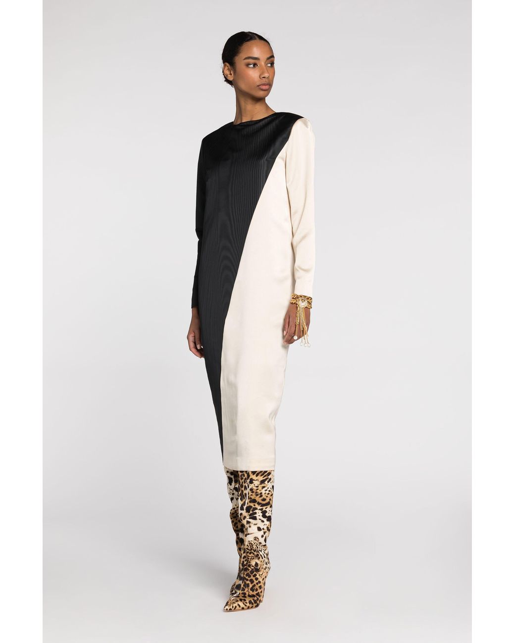 Roberto Cavalli Black Diagonal-Stripe Satin-Finish Midi Dress