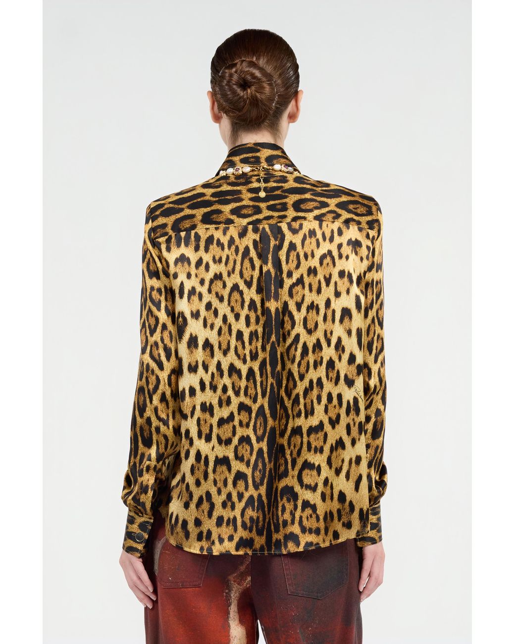 Roberto Cavalli Brown Silk Shirt With Jaguar Skin Print