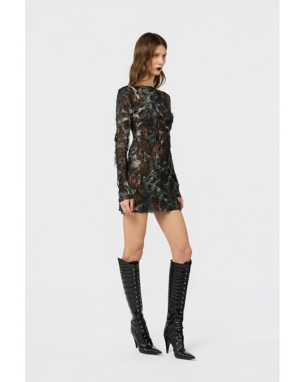 Roberto Cavalli Black Mini Dress With Fur Print On Destroyed-Effect Lace