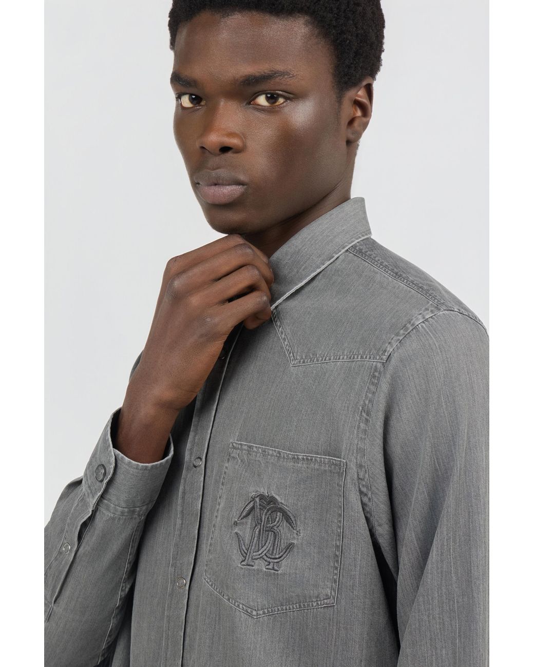 Roberto Cavalli Gray Cotton Shirt With Embroidered Logo for men