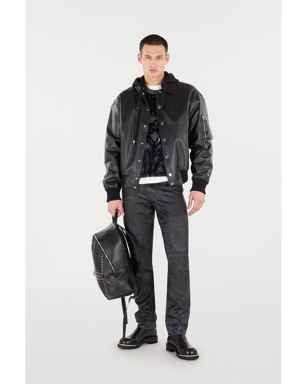 Roberto Cavalli Black Leather Bomber Jacket With Hood for men