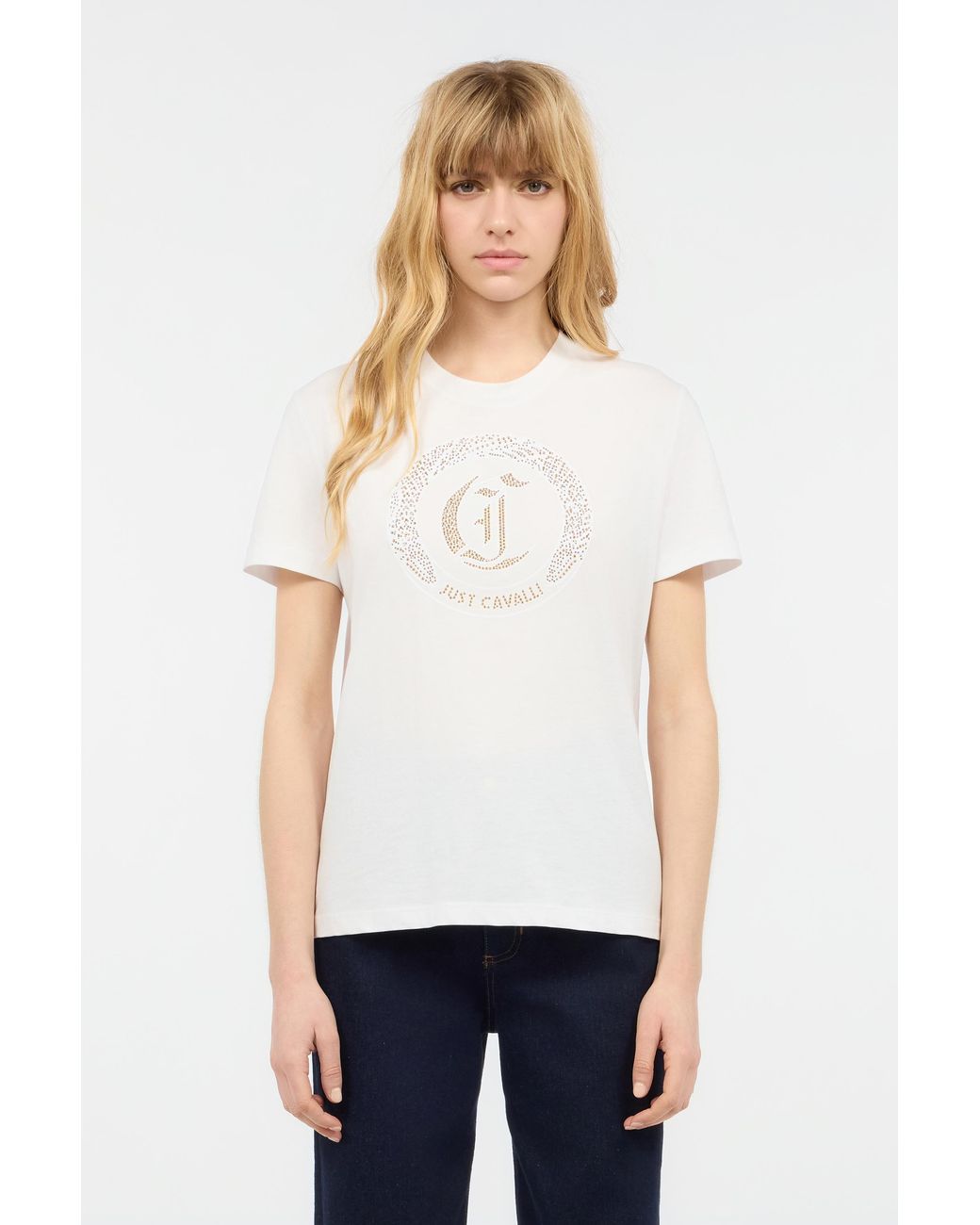 Roberto Cavalli White Cotton T-Shirt With Studs
