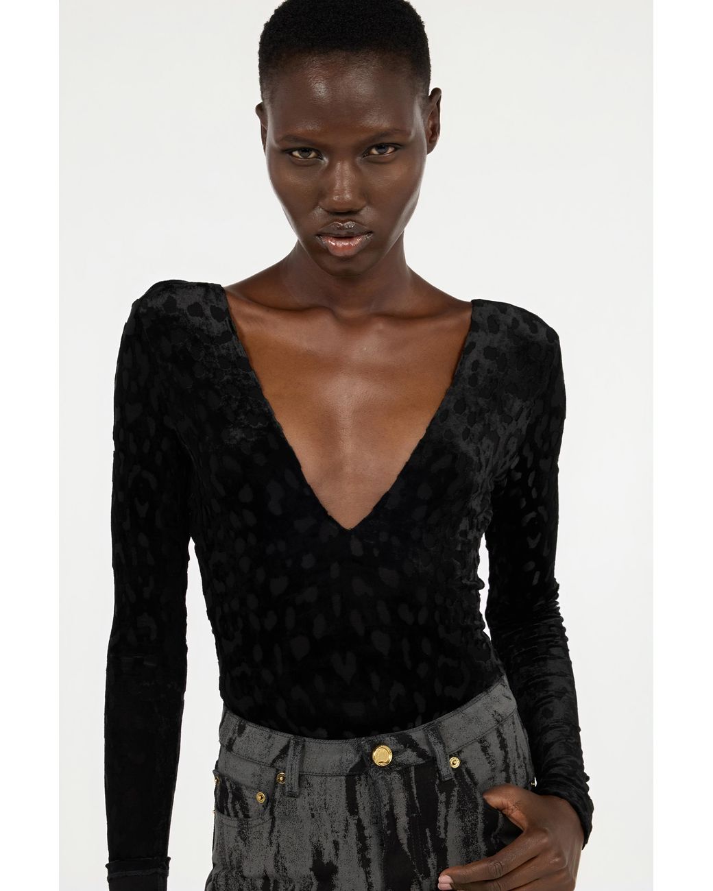 Roberto Cavalli Black Bodysuit With Jaguar Skin Pattern