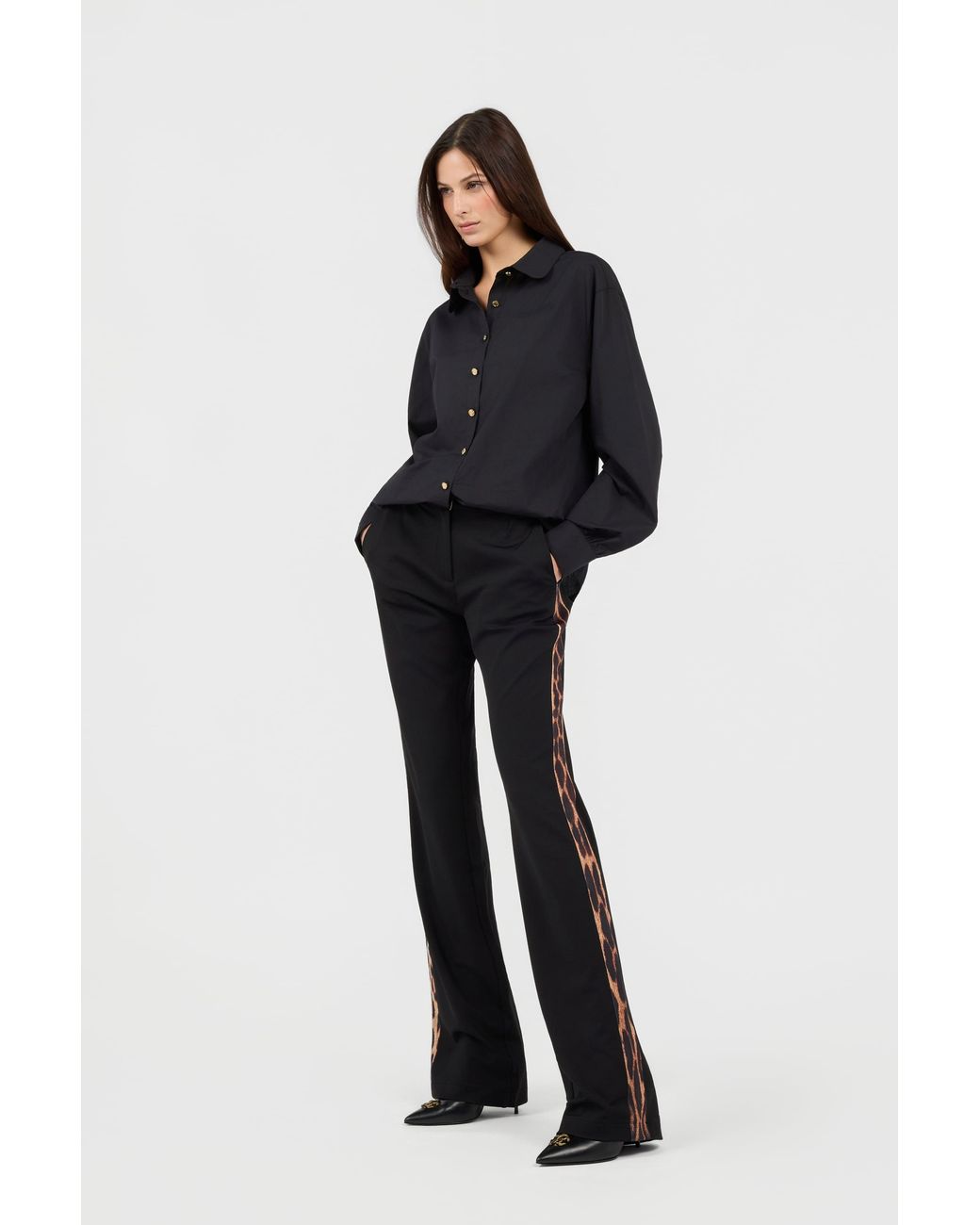 Roberto Cavalli Black Flare Trousers Leopard Side Panels