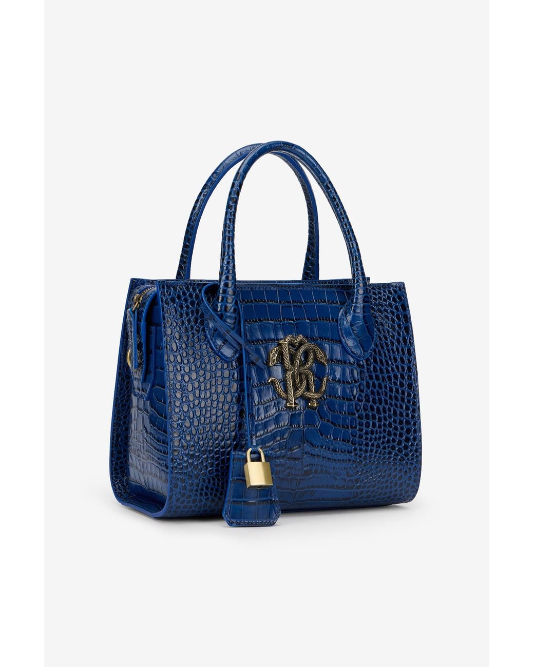 Roberto Cavalli Blue Croc-Effect Top Handle Bag