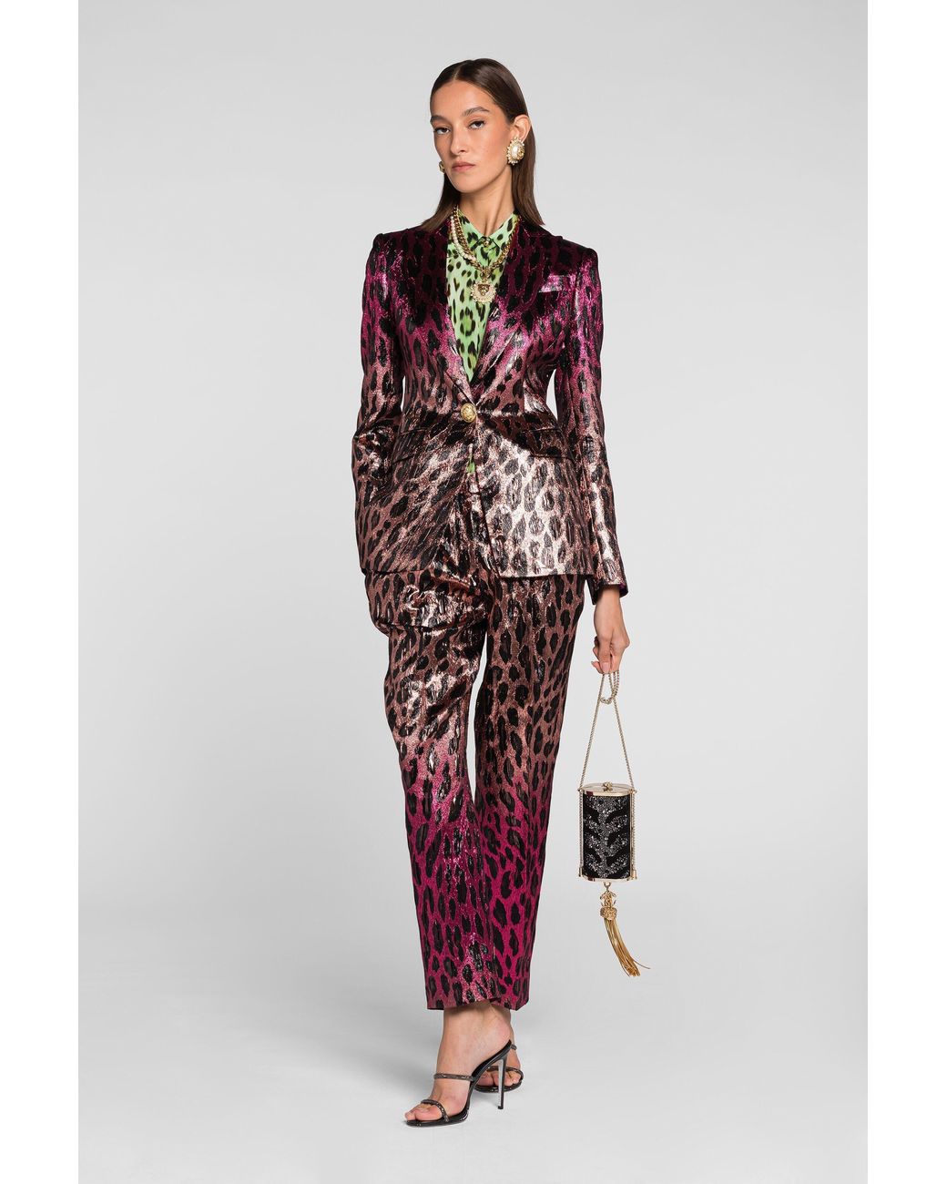 Roberto Cavalli Red Animal-Print Lamé Cropped Trousers