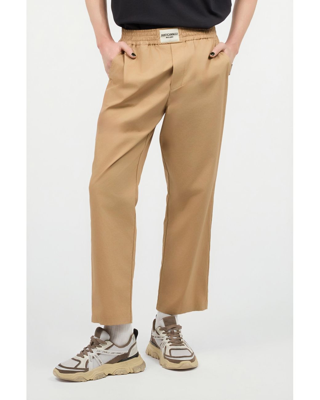 Roberto Cavalli Natural Cotton Pants With Front Logo for men