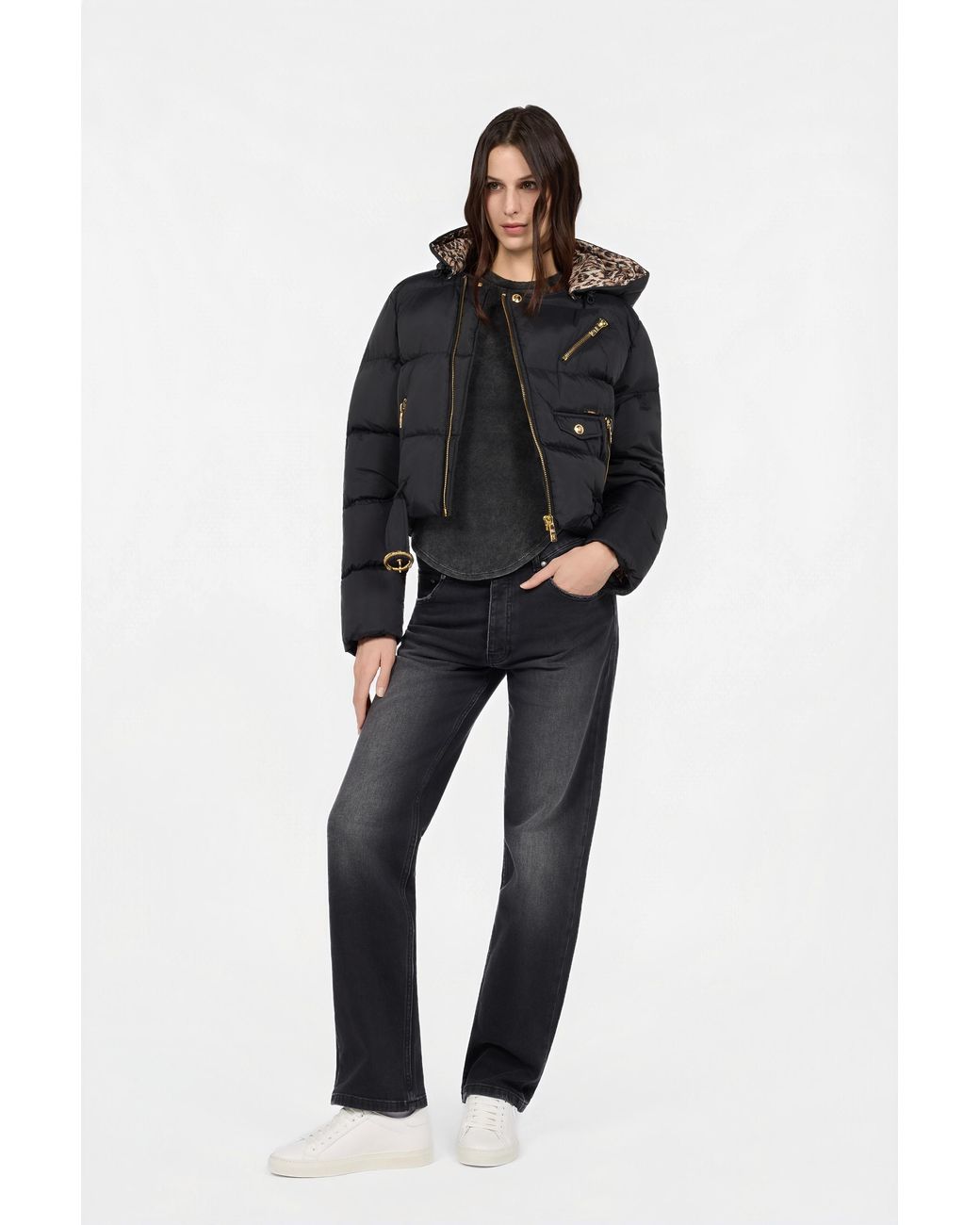 Roberto Cavalli Black Puffer Jacket With Belt