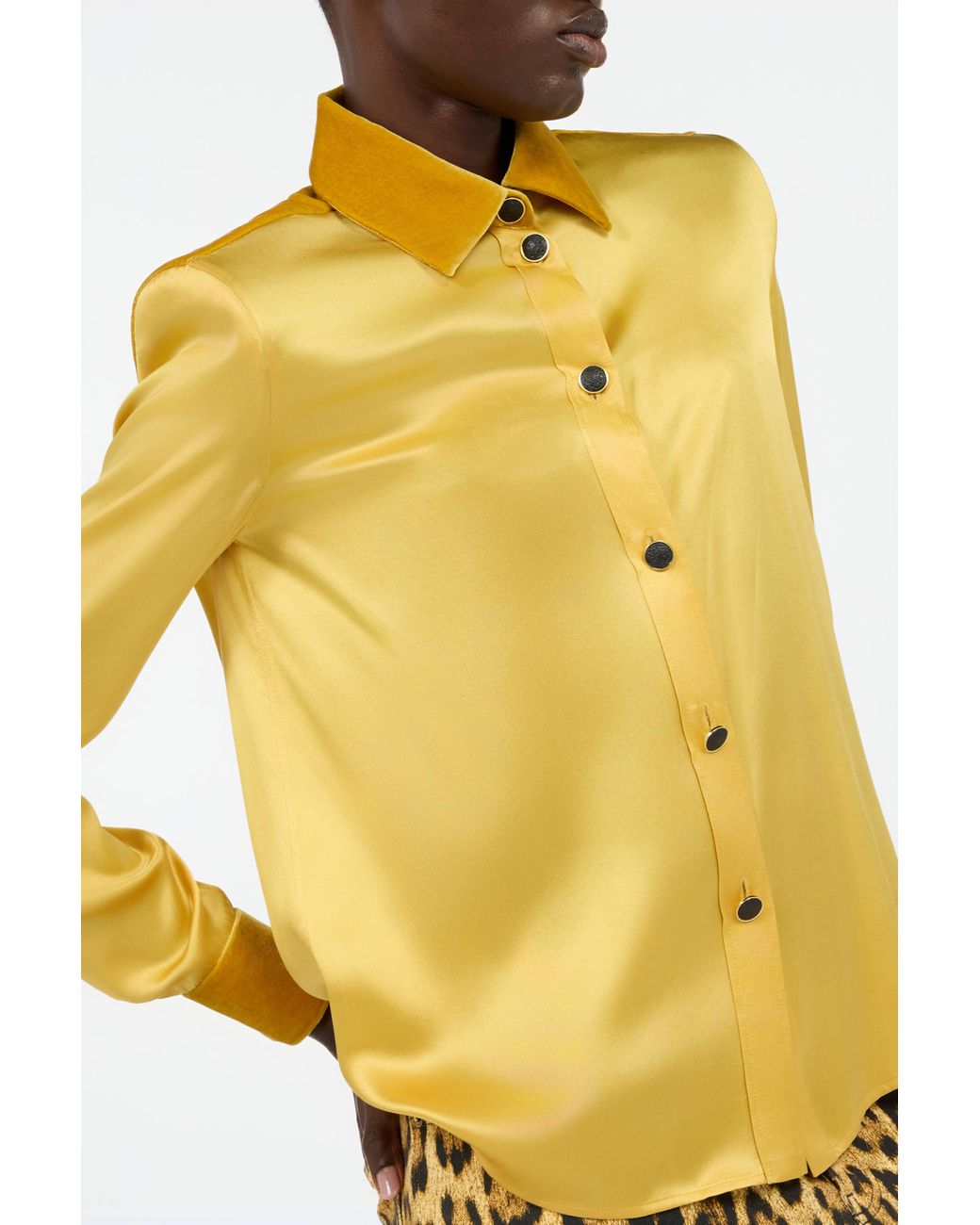 Roberto Cavalli Yellow Ochre Silk Shirt With Velvet Inserts