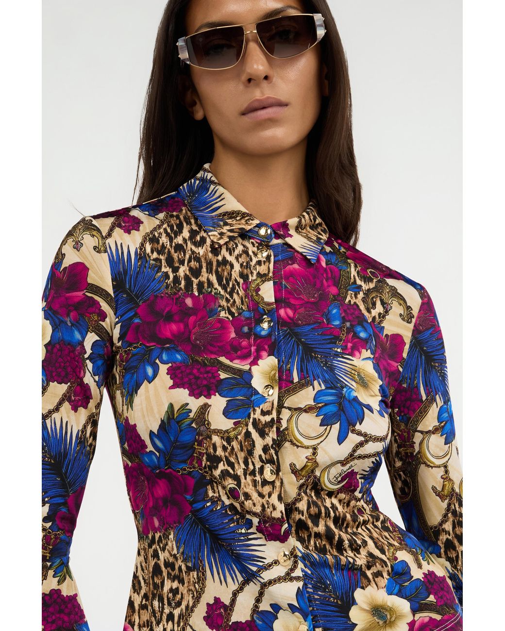 Roberto Cavalli Blue Flower Leopard Print Shirt
