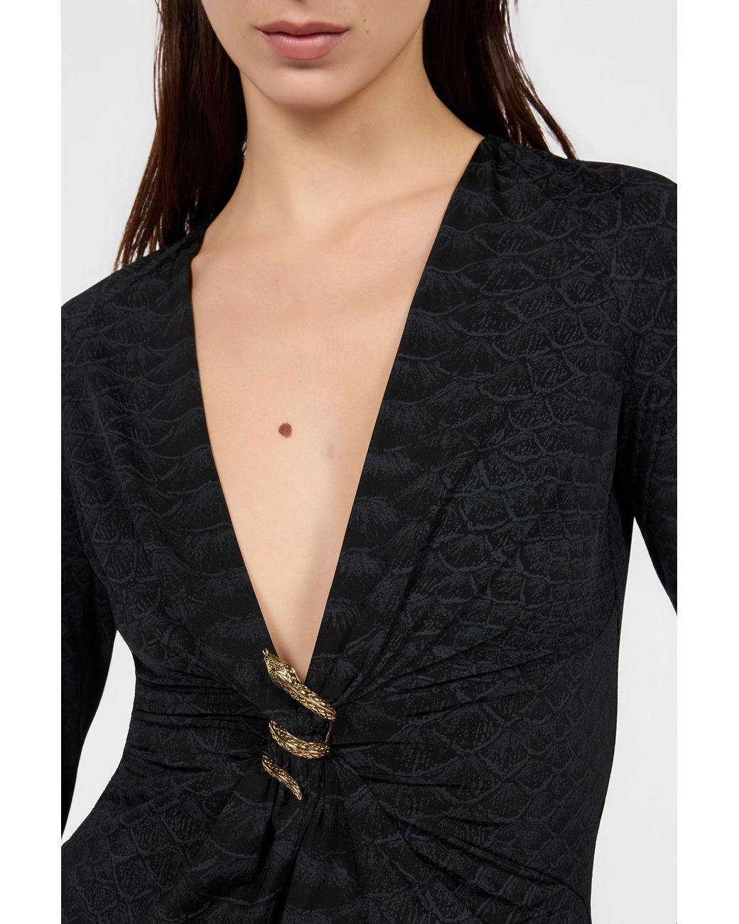 Roberto Cavalli Black Dress With Serpentine Print And Jewel Detail