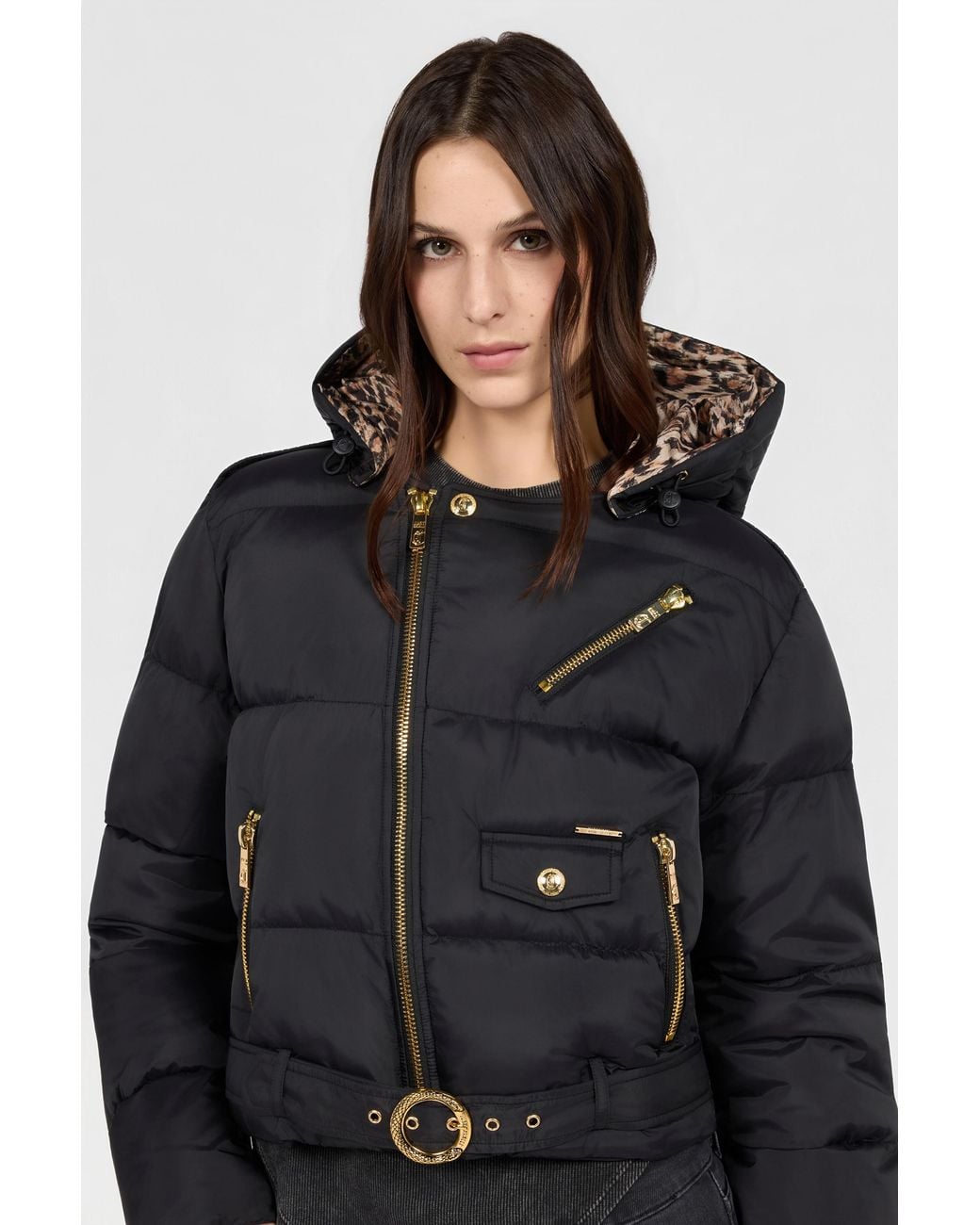 Roberto Cavalli Black Puffer Jacket With Belt