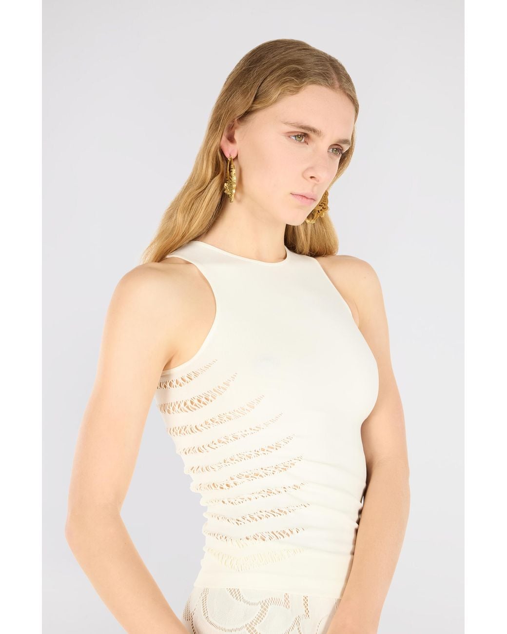 Roberto Cavalli Natural Tank Top With Perforated Zebra Pattern