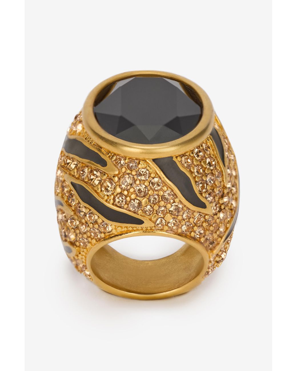 Roberto Cavalli Metallic Cocktail Ring With Crystals And Tiger Skin Pattern