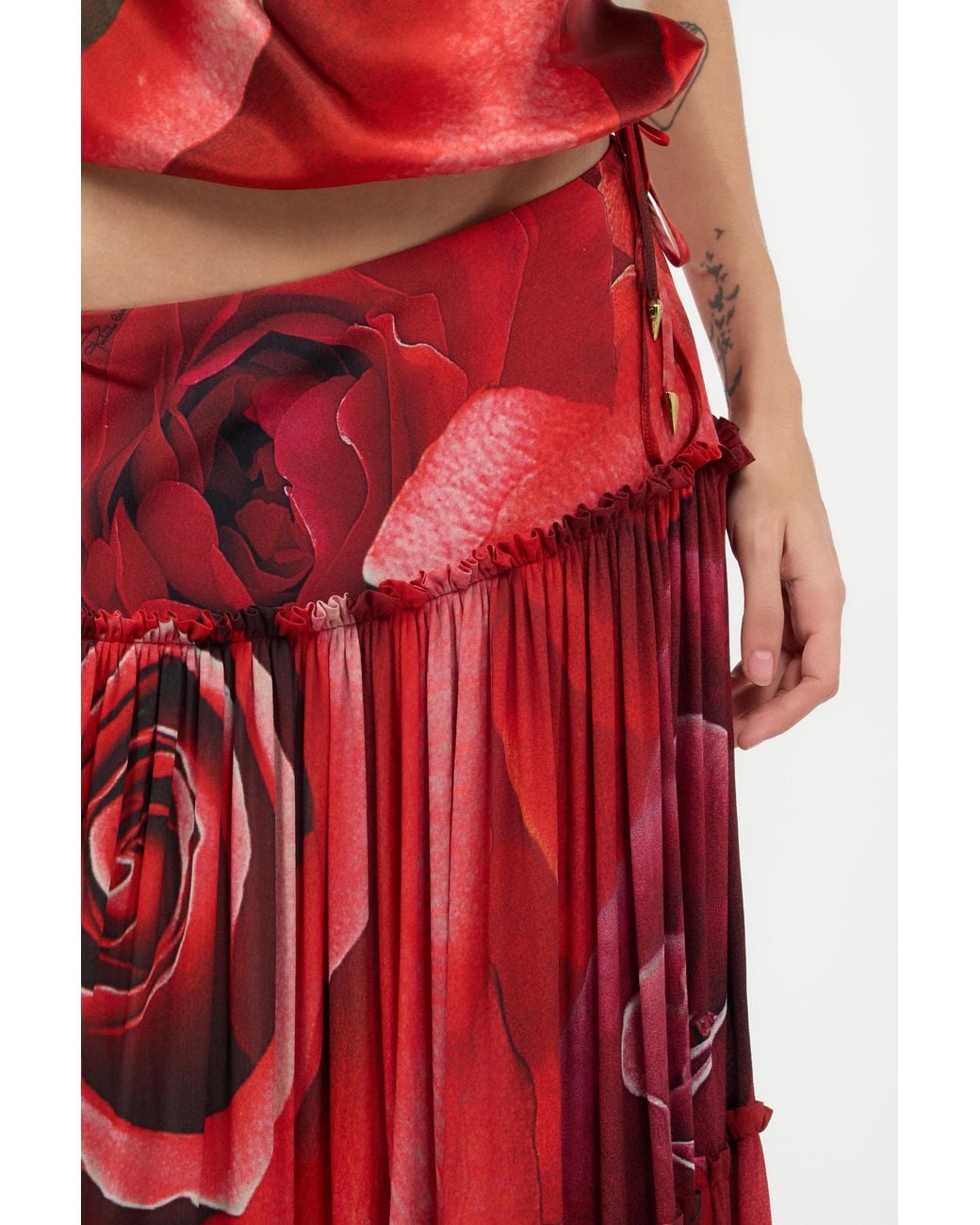 Roberto Cavalli Red Extra-Long Skirt With Garden Rose Print