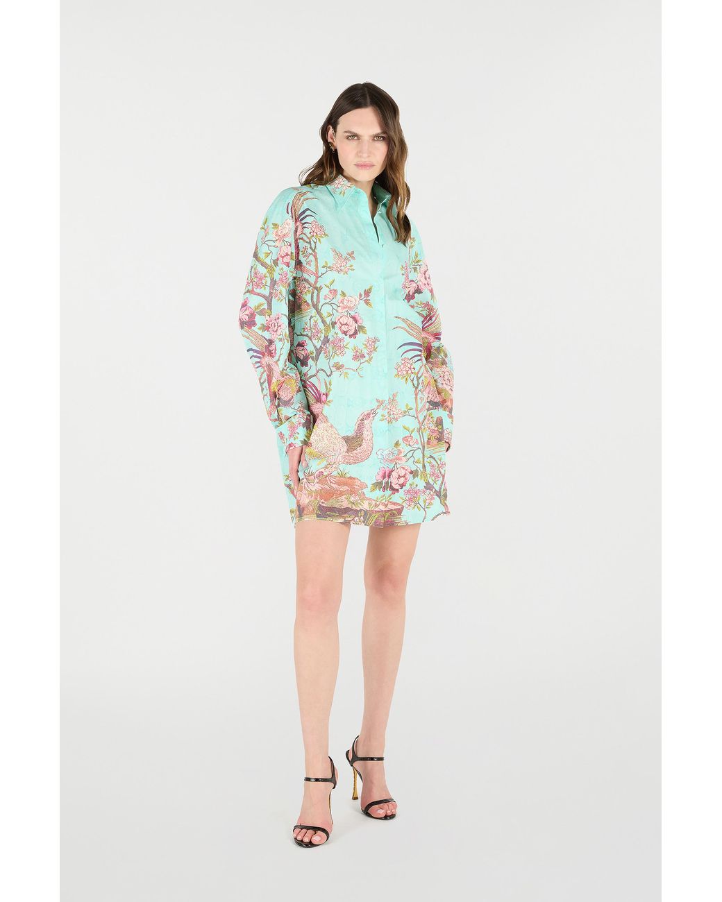 Roberto Cavalli Blue Shirt Dress With Oriental Bird Print