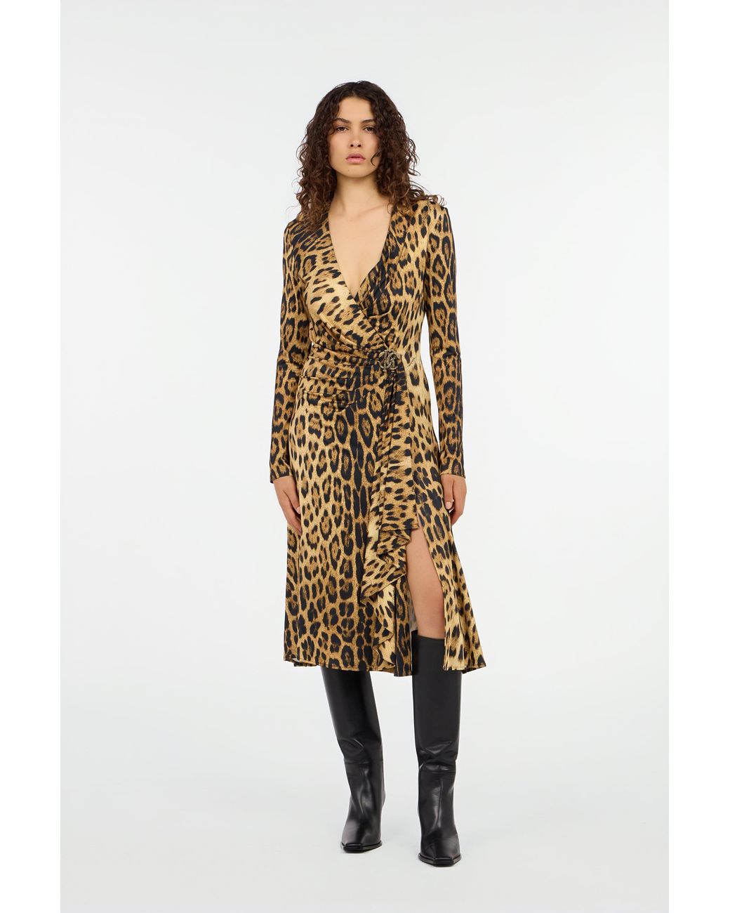 Roberto Cavalli White Jaguar Skin Print Wrap Midi Dress