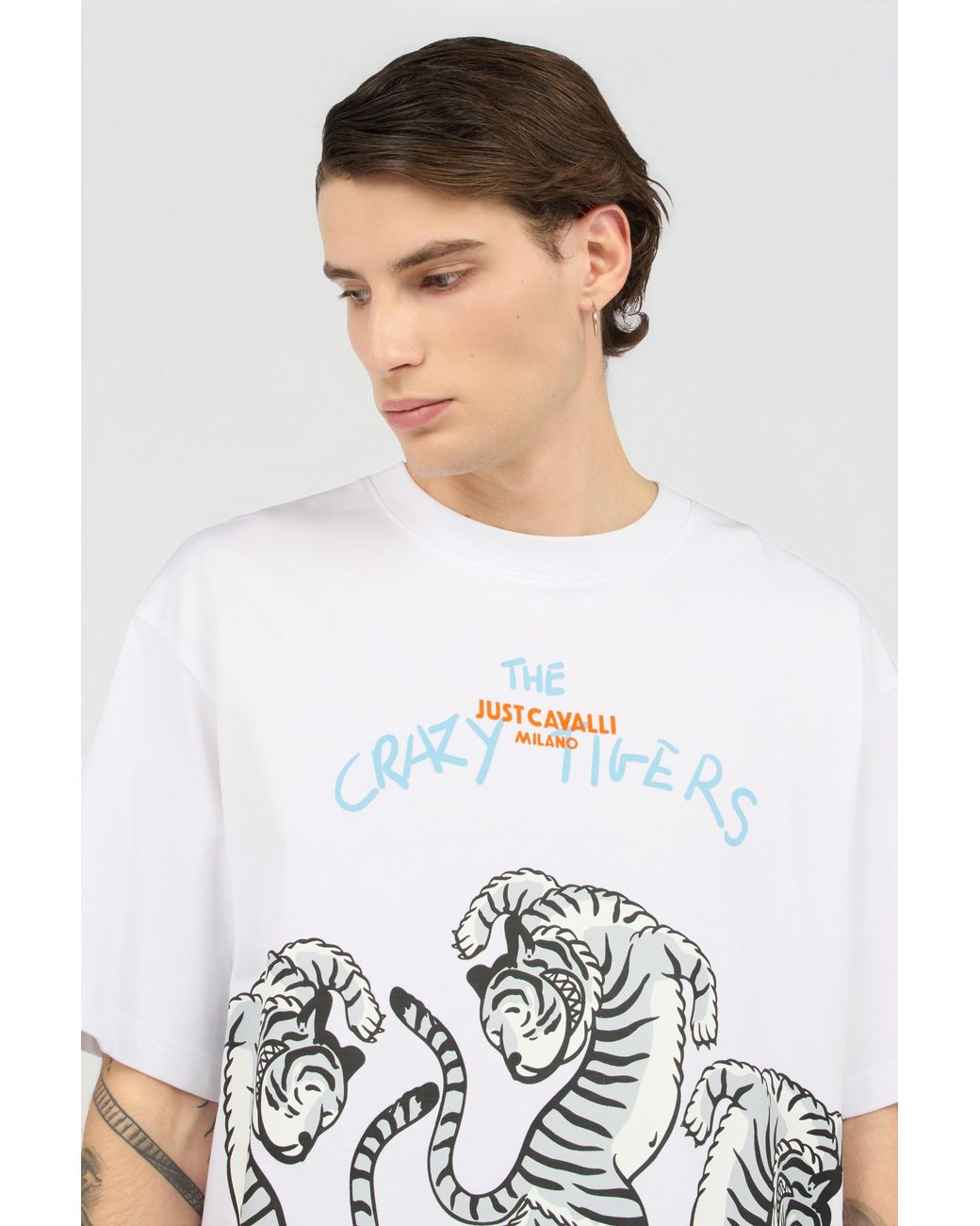 Roberto Cavalli White T-Shirt With Printed Tigers for men