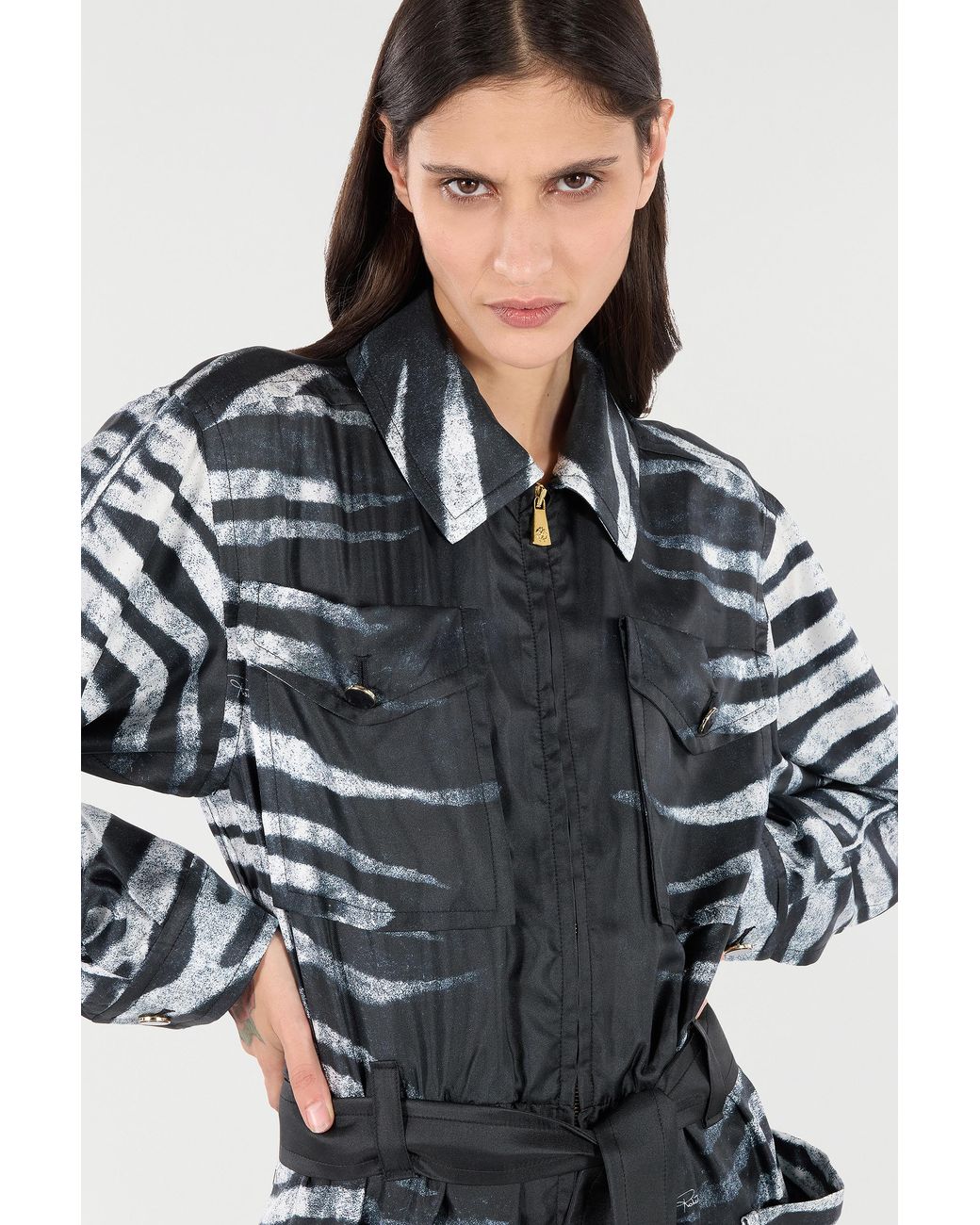 Roberto Cavalli Black Short Silk Dress With Zebra Print