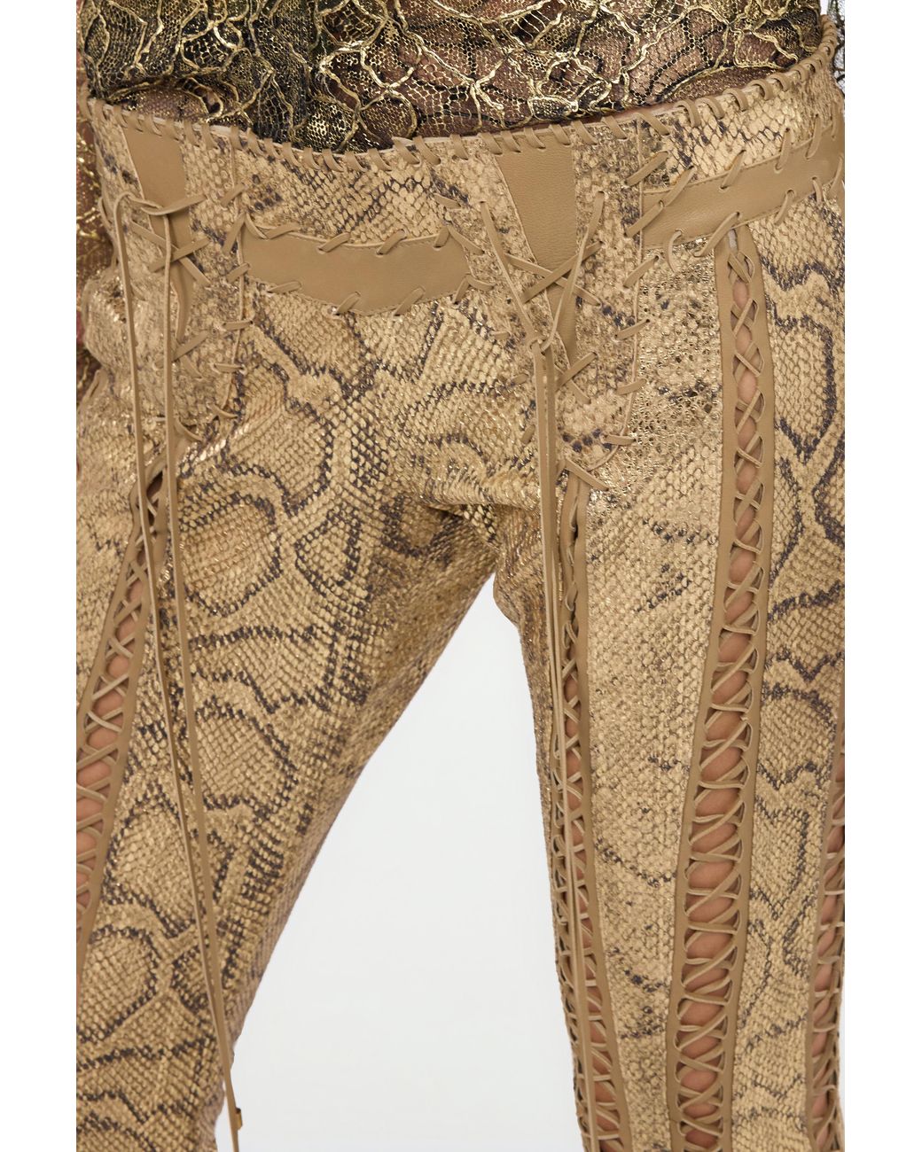 Roberto Cavalli Natural Leather Pants With Python Print And Cut-Out Details