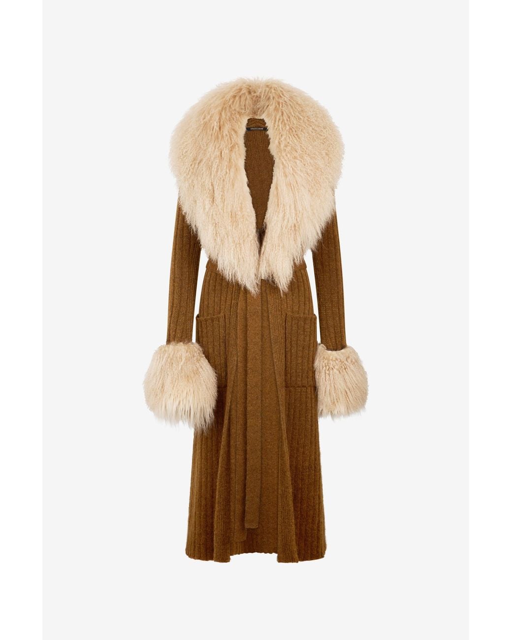 Roberto Cavalli Natural Ribbed Knit Coat With Faux Fur