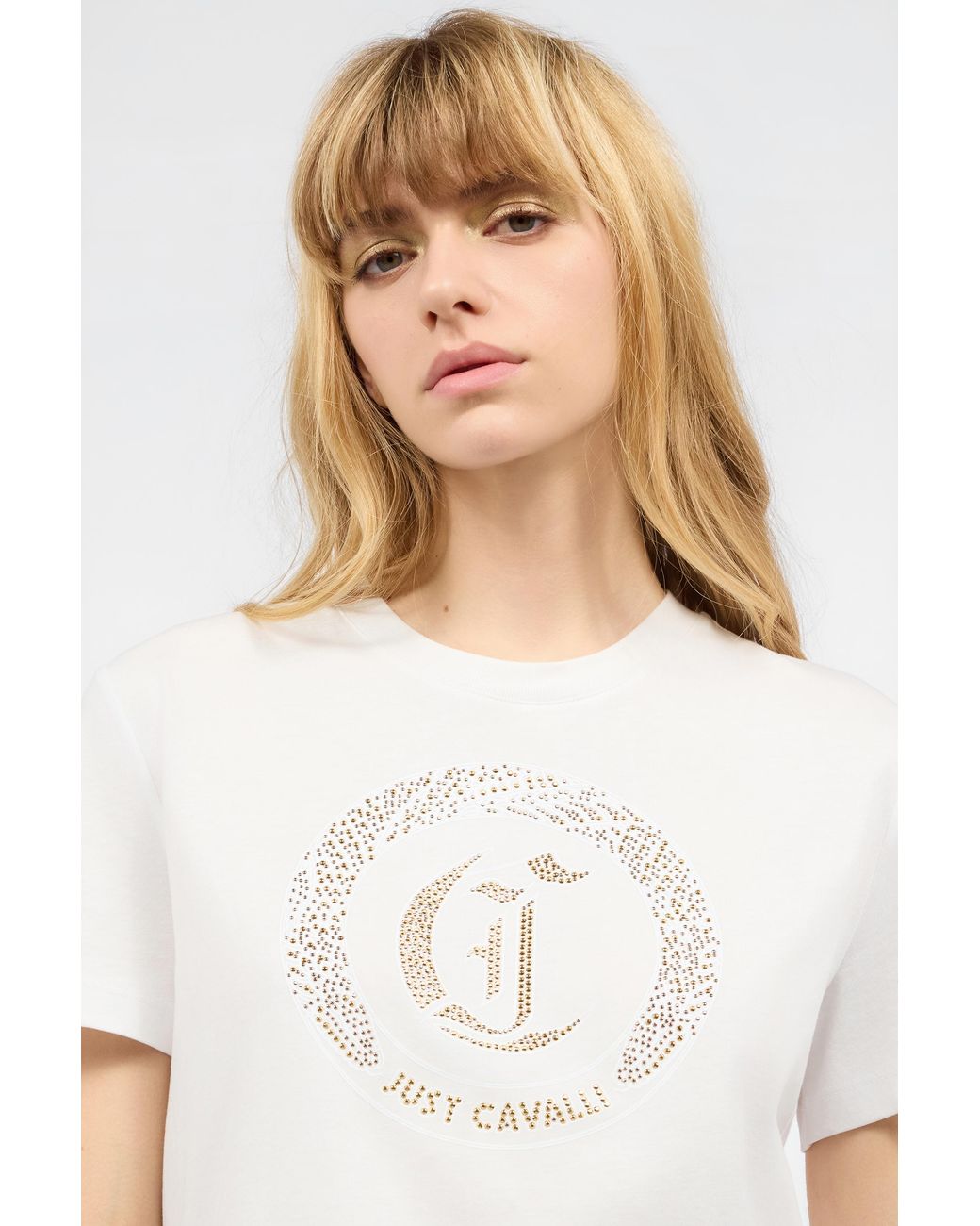 Roberto Cavalli White Cotton T-Shirt With Studs