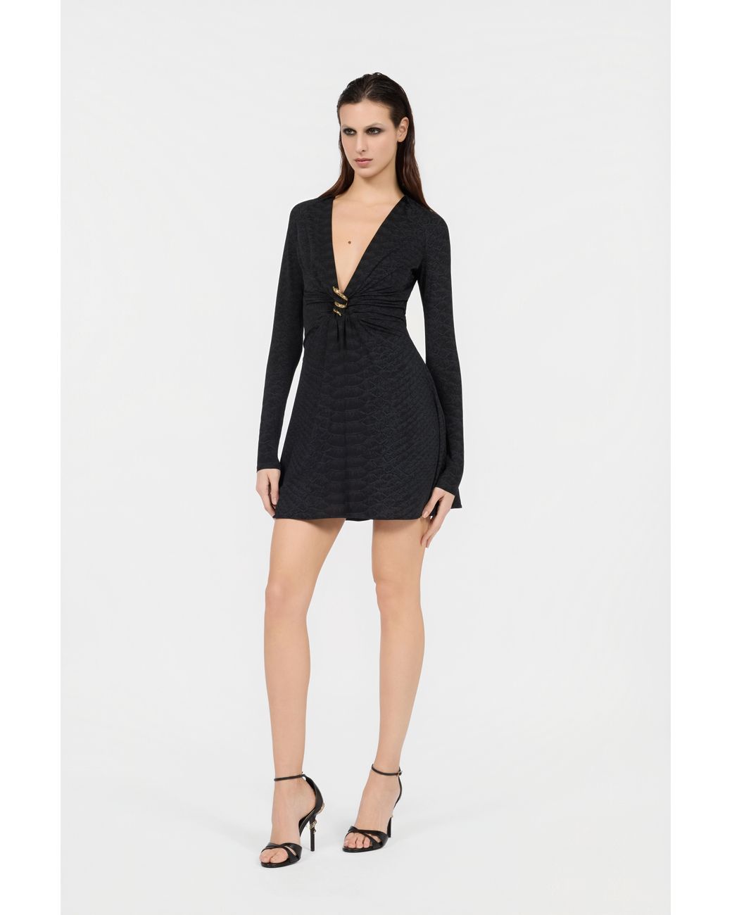 Roberto Cavalli Black Dress With Serpentine Print And Jewel Detail