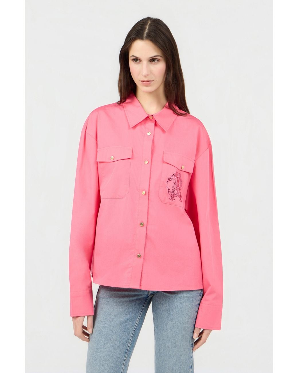 Roberto Cavalli Pink Shirt With Rhinestone Jewel Logo for men