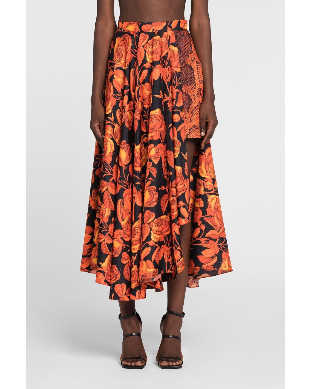 Falda Asimétrica Con Estampados Rose Y Python Roberto Cavalli de color Orange