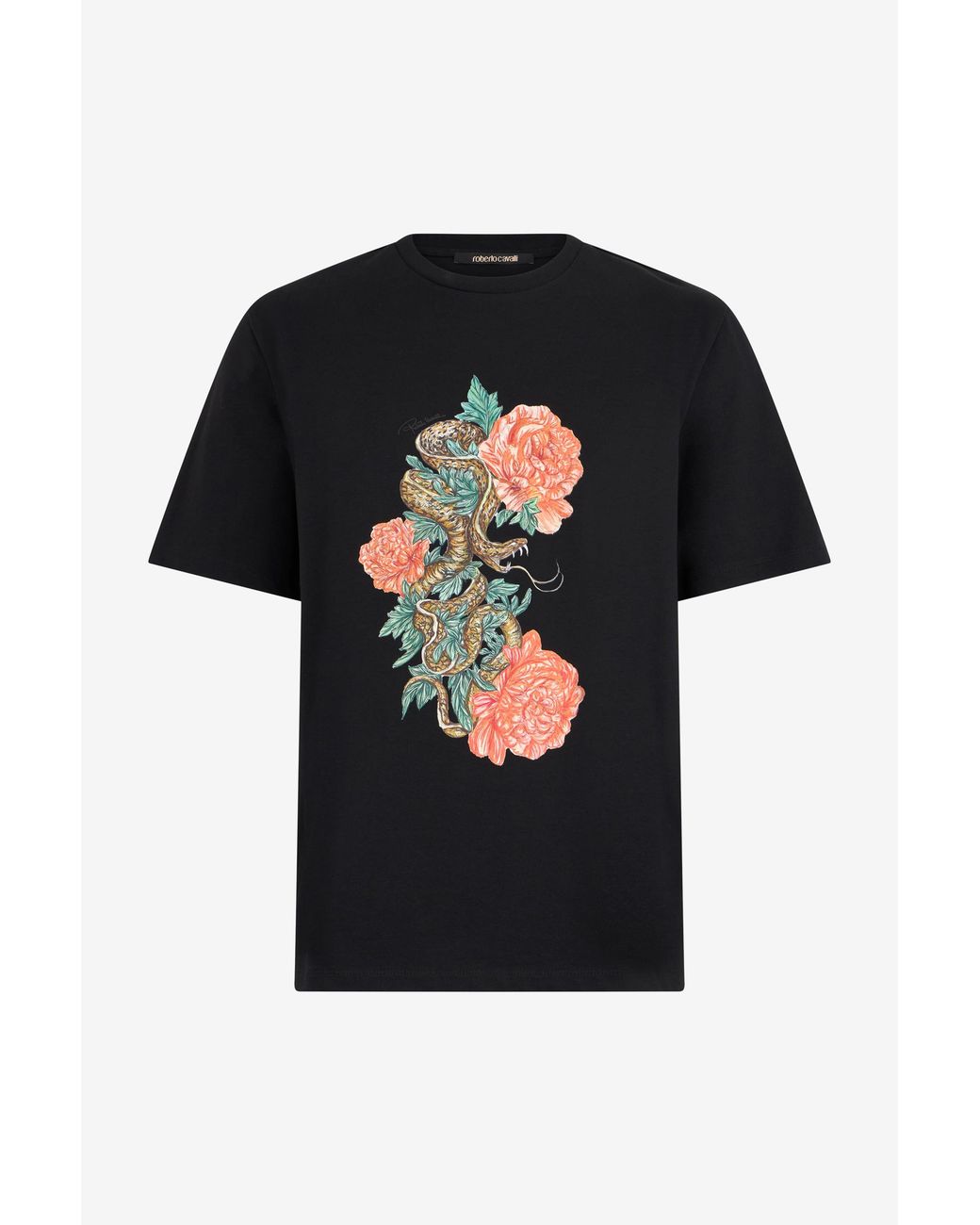 Roberto Cavalli Black T-Shirt With Snake Floral Print for men