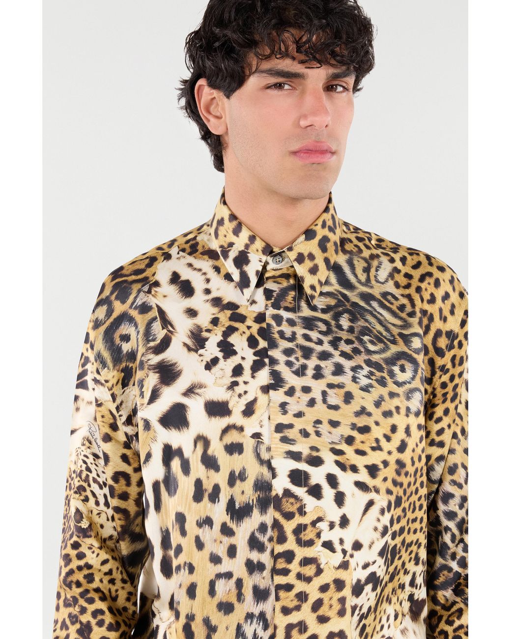 Roberto Cavalli White Silk Shirt With Animal Prints for men