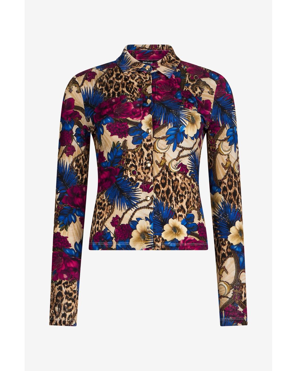 Roberto Cavalli Blue Flower Leopard Print Shirt