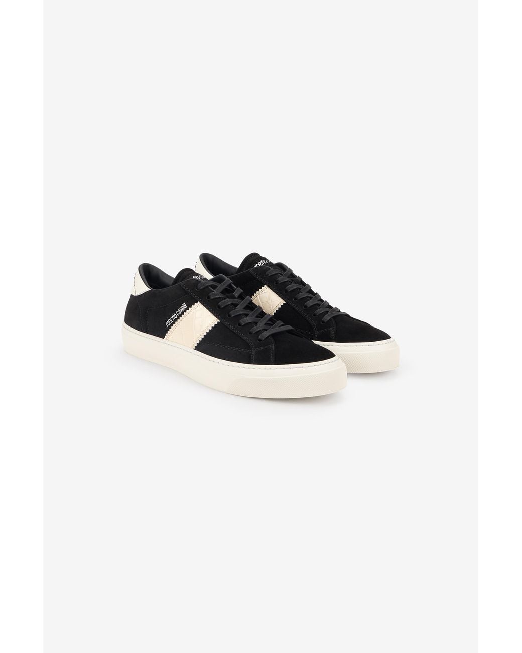 Roberto Cavalli Black Sneakers With Ivory Side Band for men