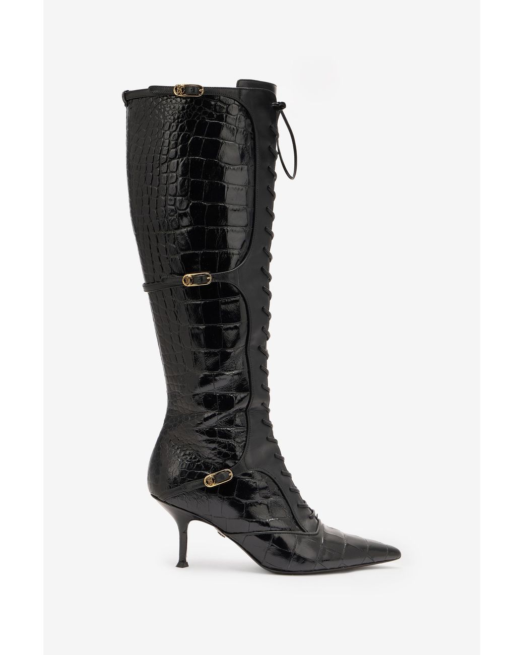 Roberto Cavalli Black Pointed Lace-Up Boots With Crocodile Effect