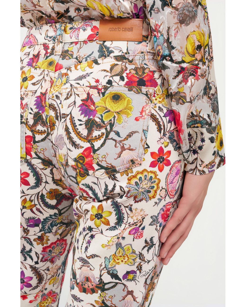 Roberto Cavalli White Flared Pants With Florentine Flowers Print