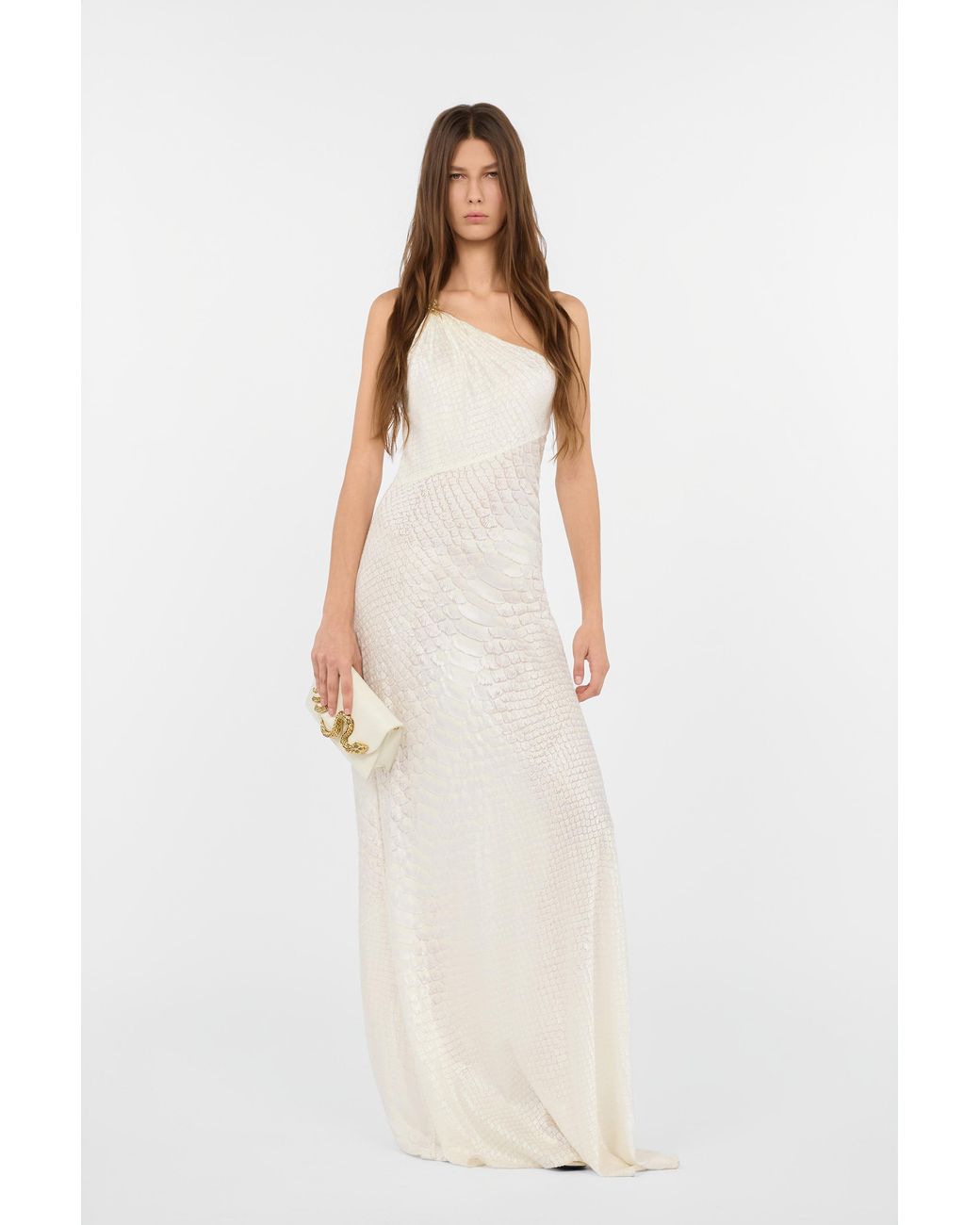 Roberto Cavalli White One-Shoulder Dress With Serpentine Print
