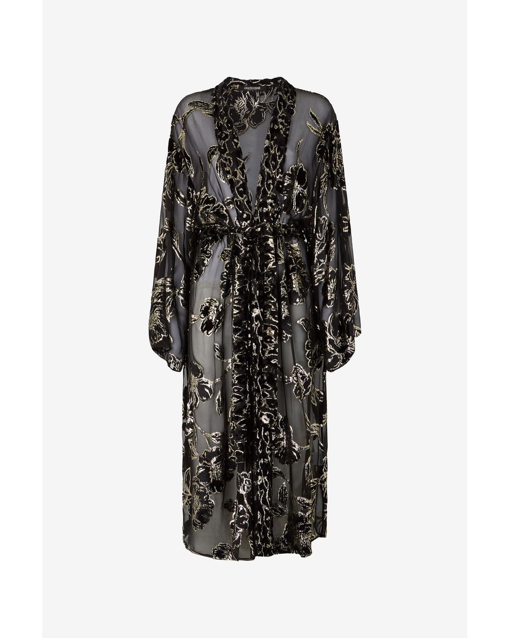 Roberto Cavalli Black See-Through Robe With Floral Pattern