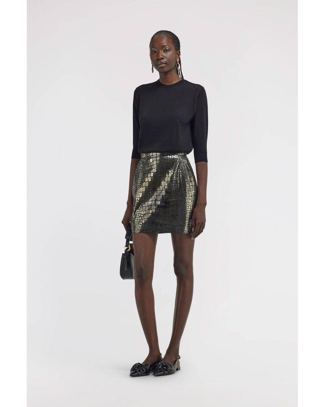 Roberto Cavalli Black Leather Skirt Croco Print