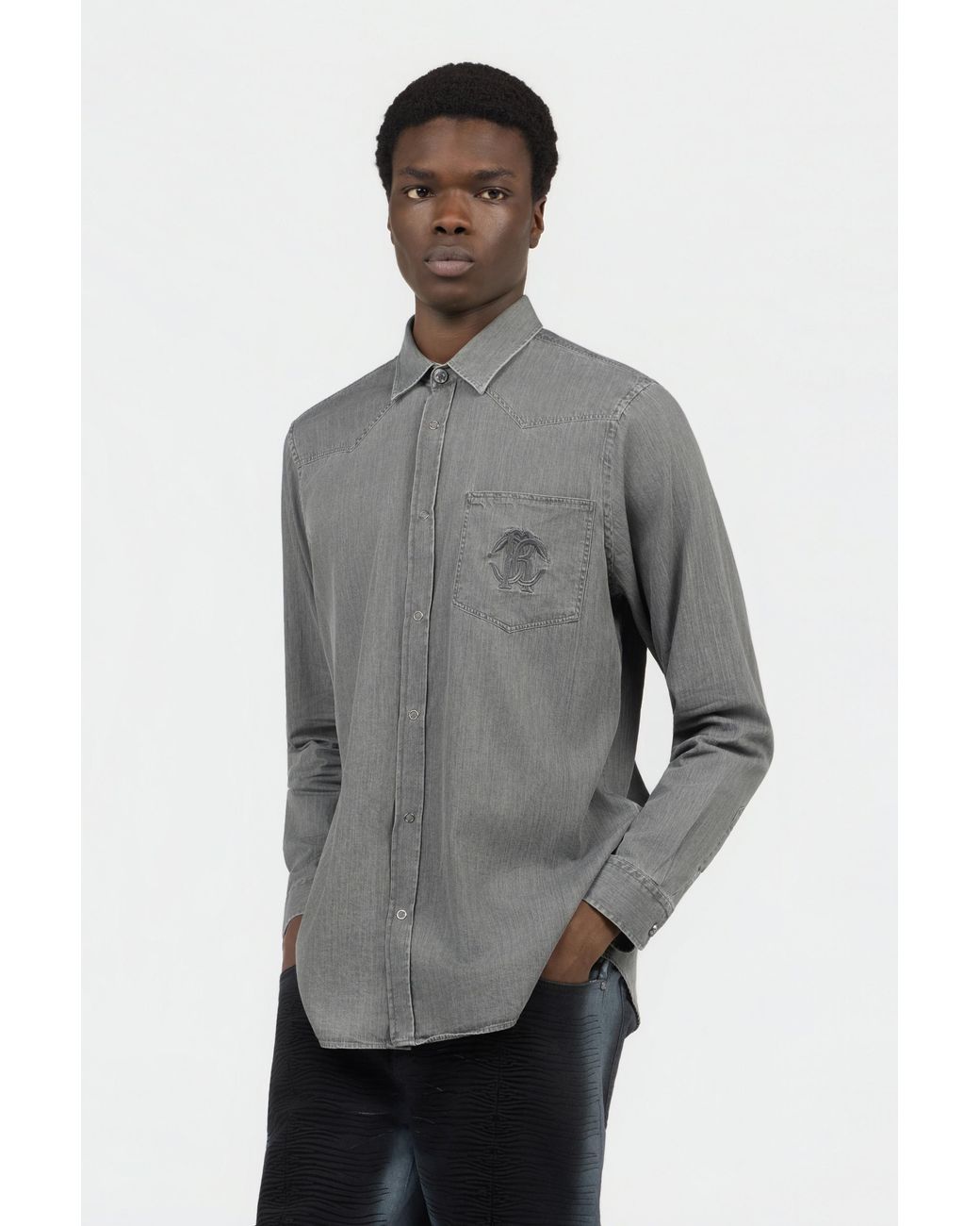 Roberto Cavalli Gray Cotton Shirt With Embroidered Logo for men