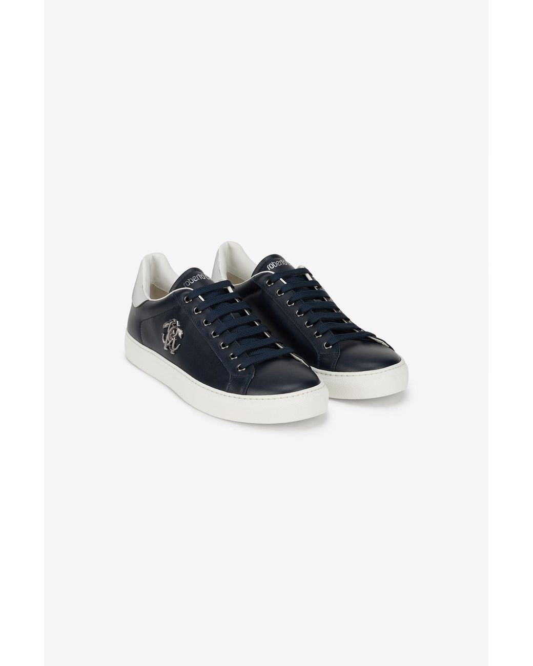Roberto Cavalli Blue Leather Sneakers With Logo Detail for men
