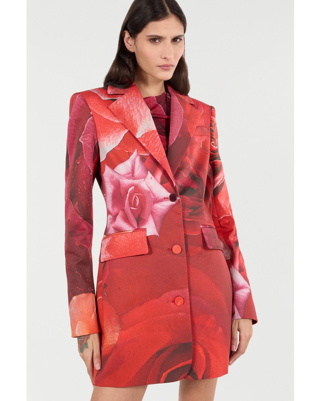 Roberto Cavalli Red Long Blazer With Rose Print