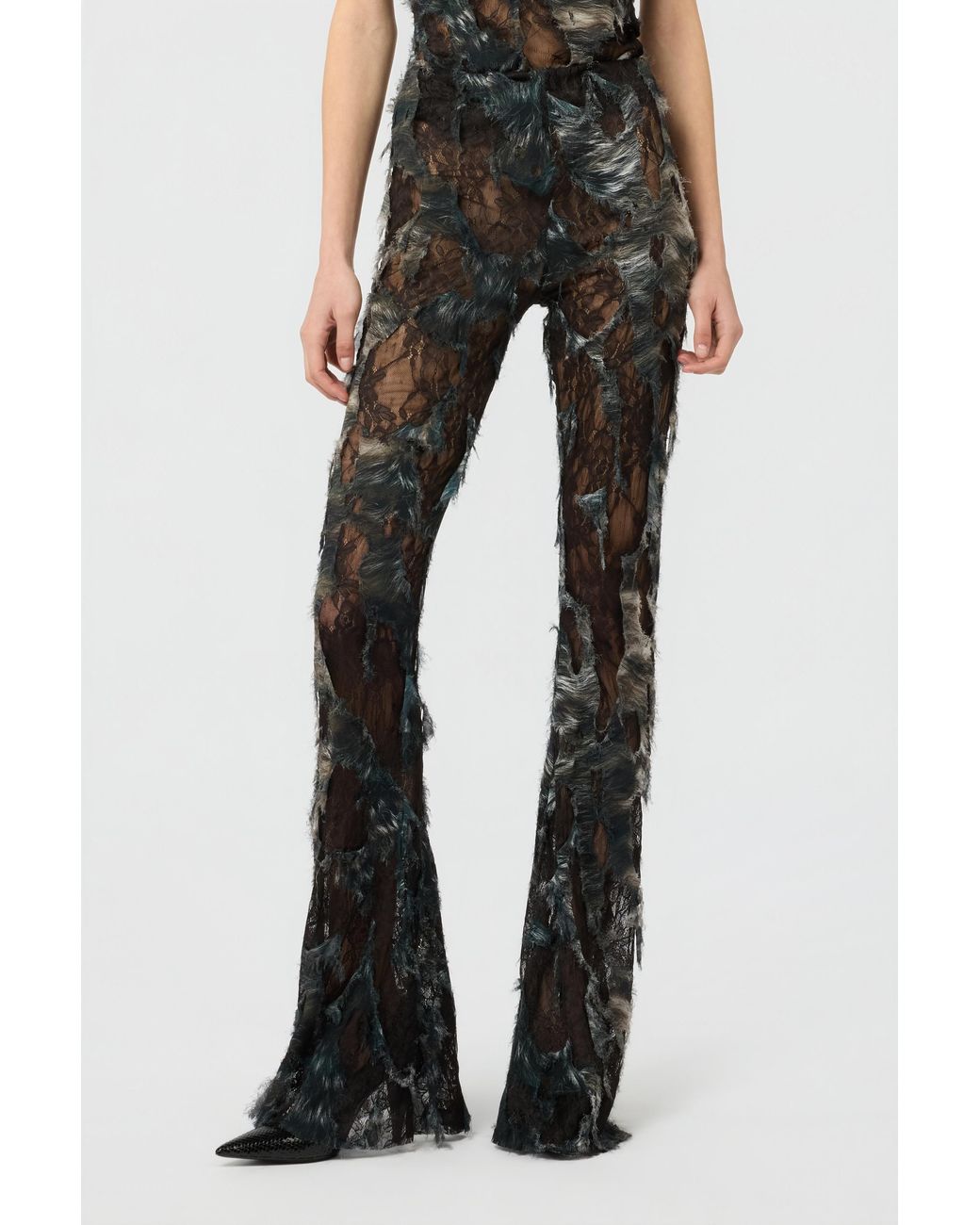 Roberto Cavalli Black Pants With Fur Print On Destroyed-Effect Lace