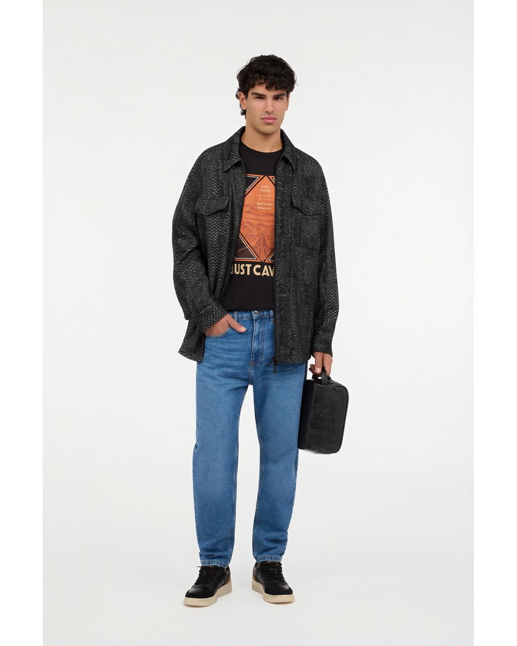 Roberto Cavalli Black Cotton And Wool Zip Overshirt for men