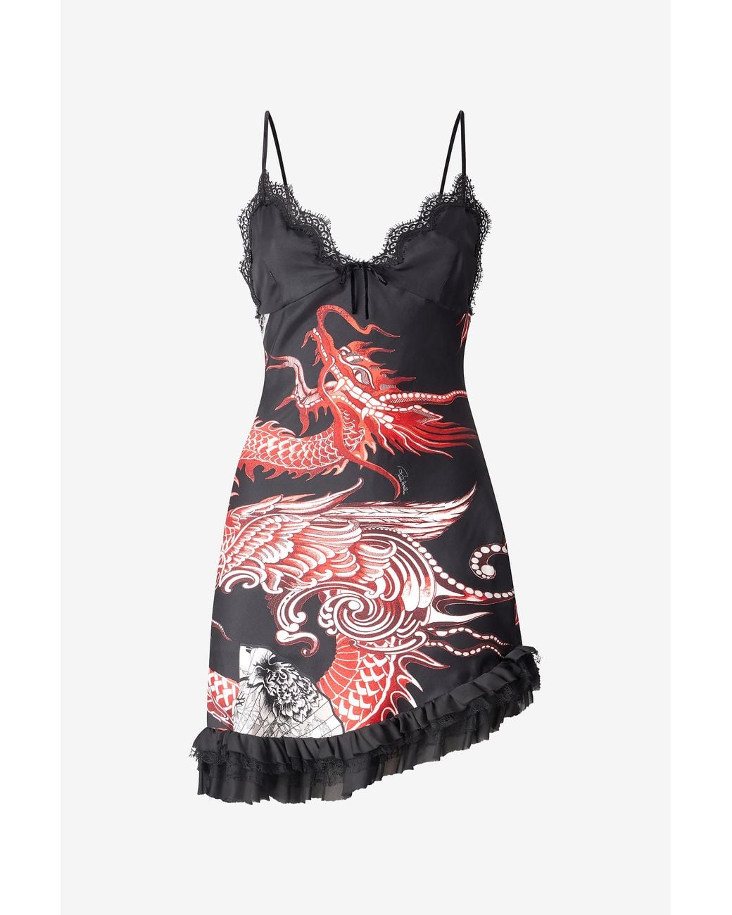 Roberto Cavalli Red Silk Mini Dress With Dragon And Ruches