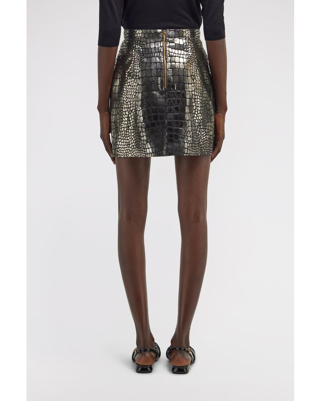 Roberto Cavalli Black Leather Skirt Croco Print
