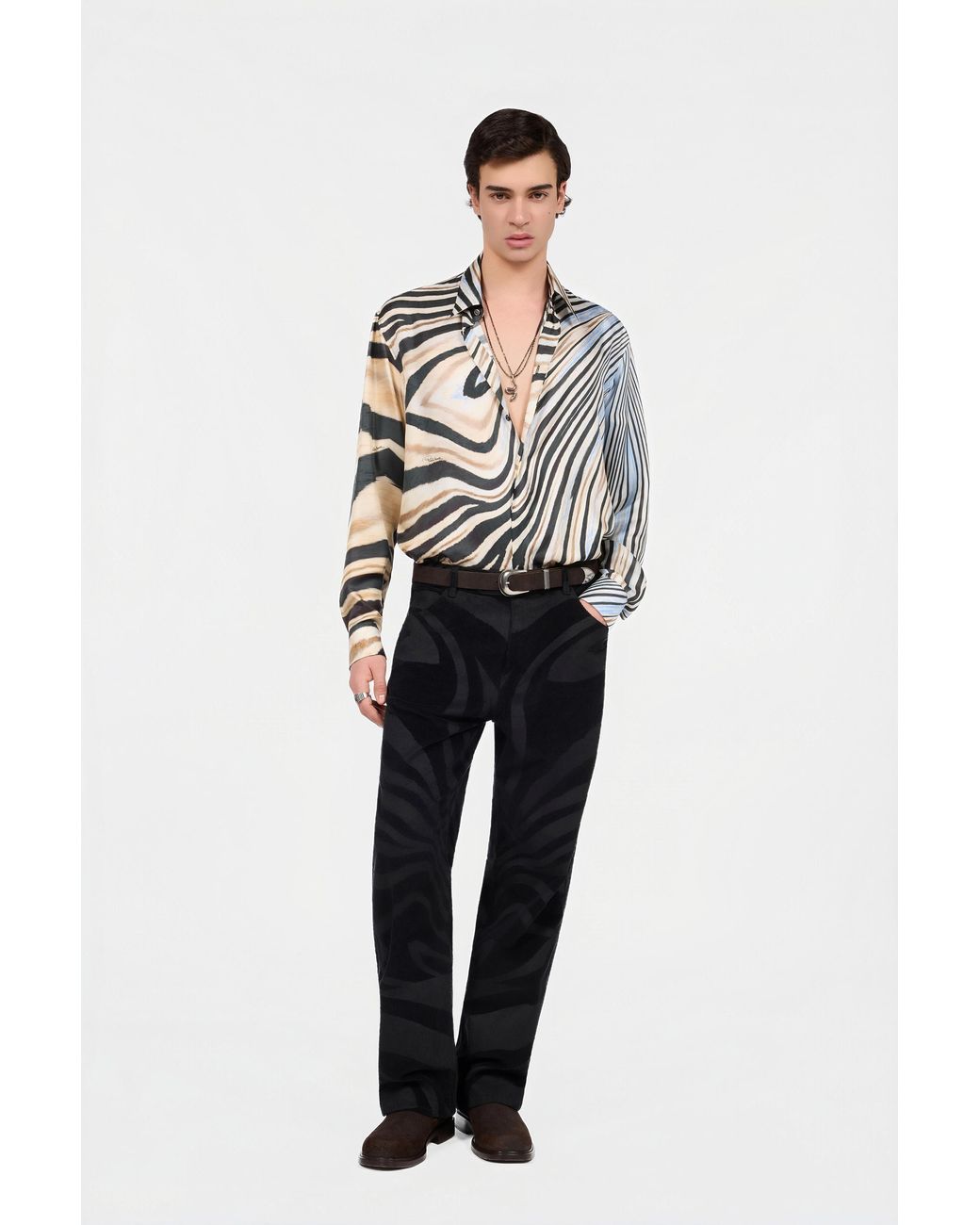 Roberto Cavalli White Silk Shirt With Zebra Print for men